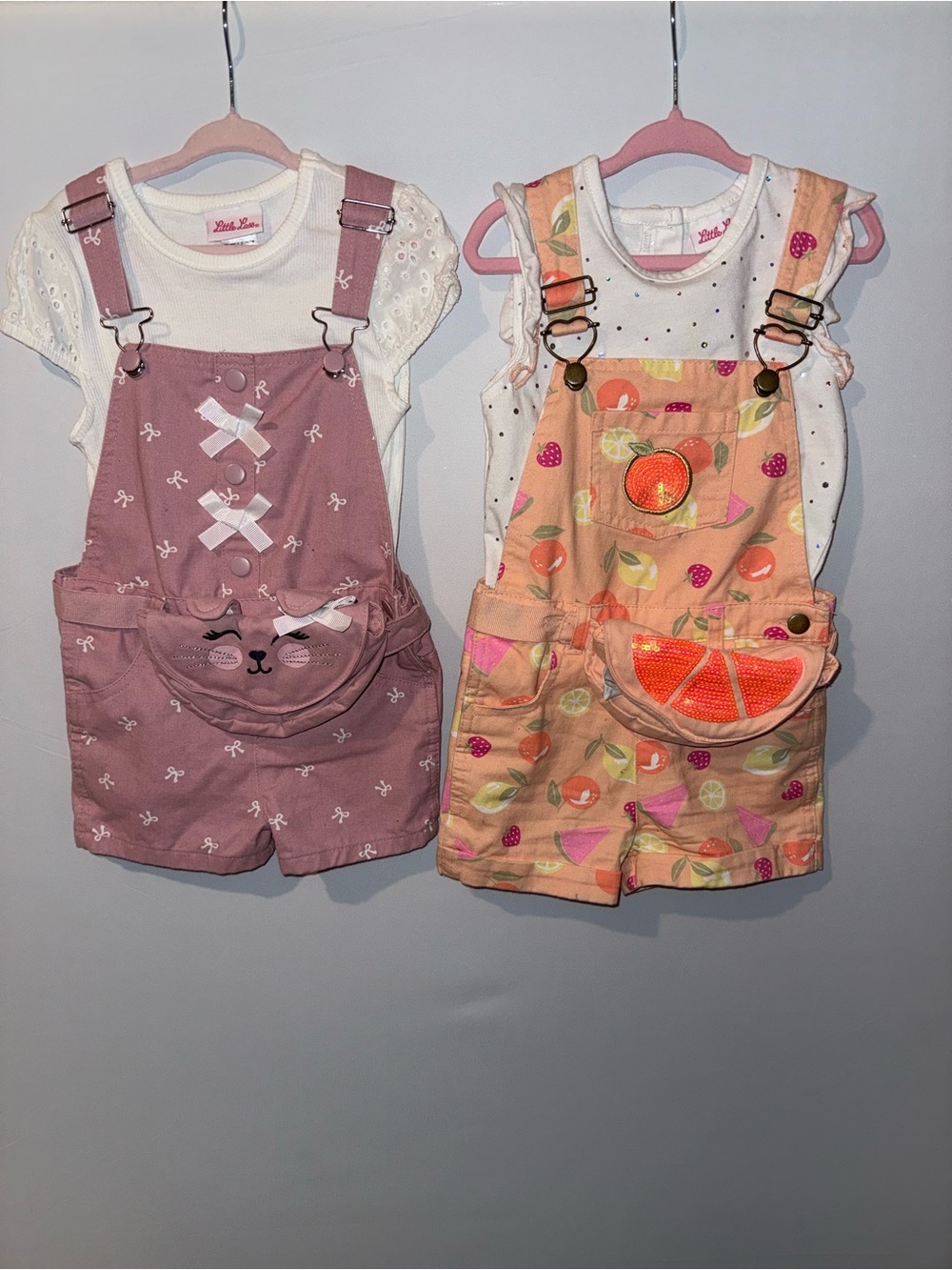 Little Lass Girls 4T Bundle – 2 Overall Sets – Kitty & Fruit Print